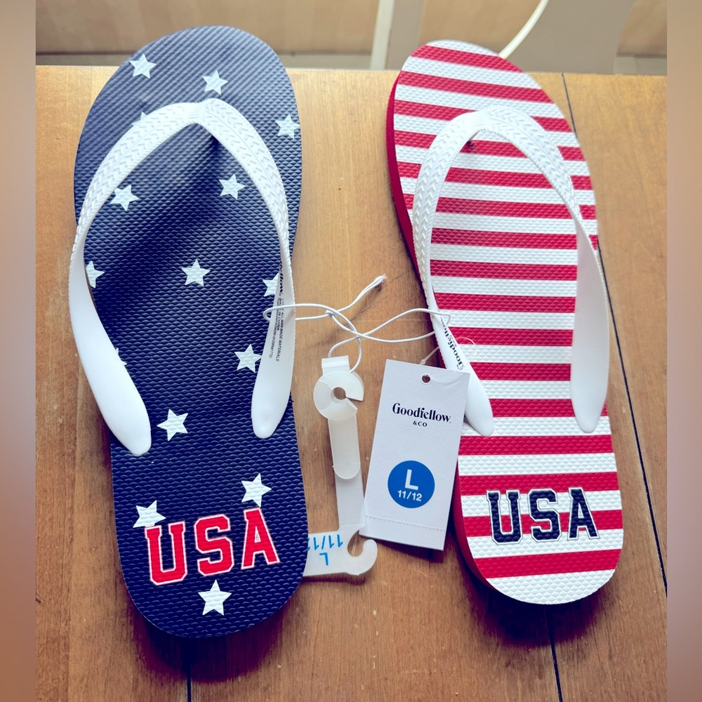 Goodfellow red, white, and blue USA Flip Flops